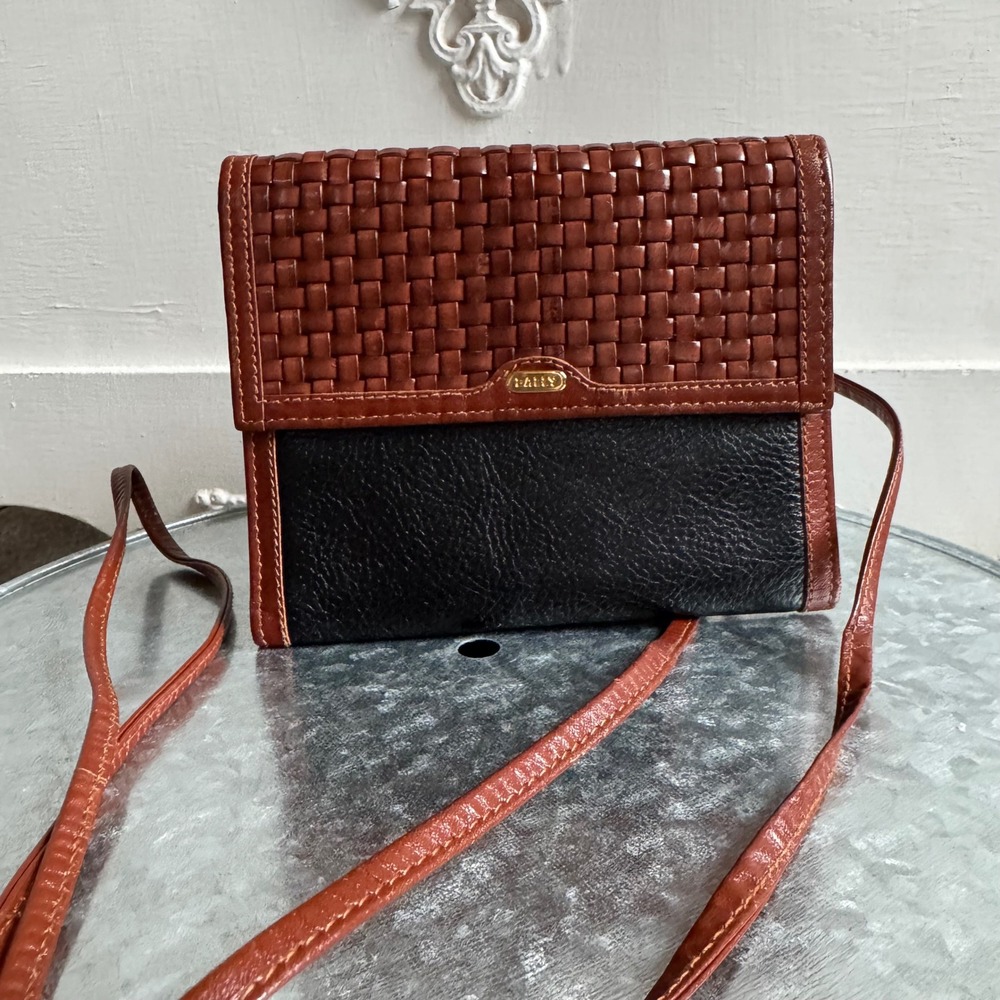 Vintage Bally Woven Leather Crossbody Wallet on Chain Made Italy
